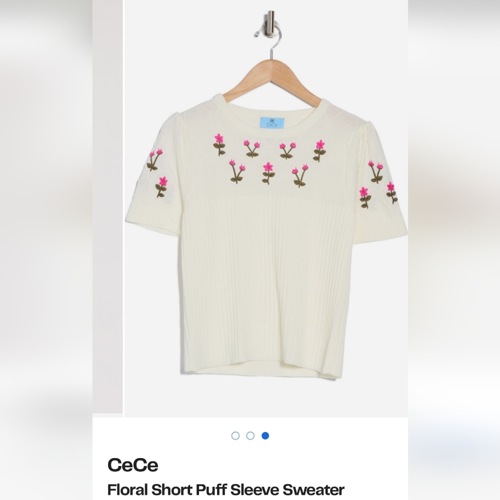 CeCe Floral Short Puff Sleeve Sweater - Cream and Pink SIZE L